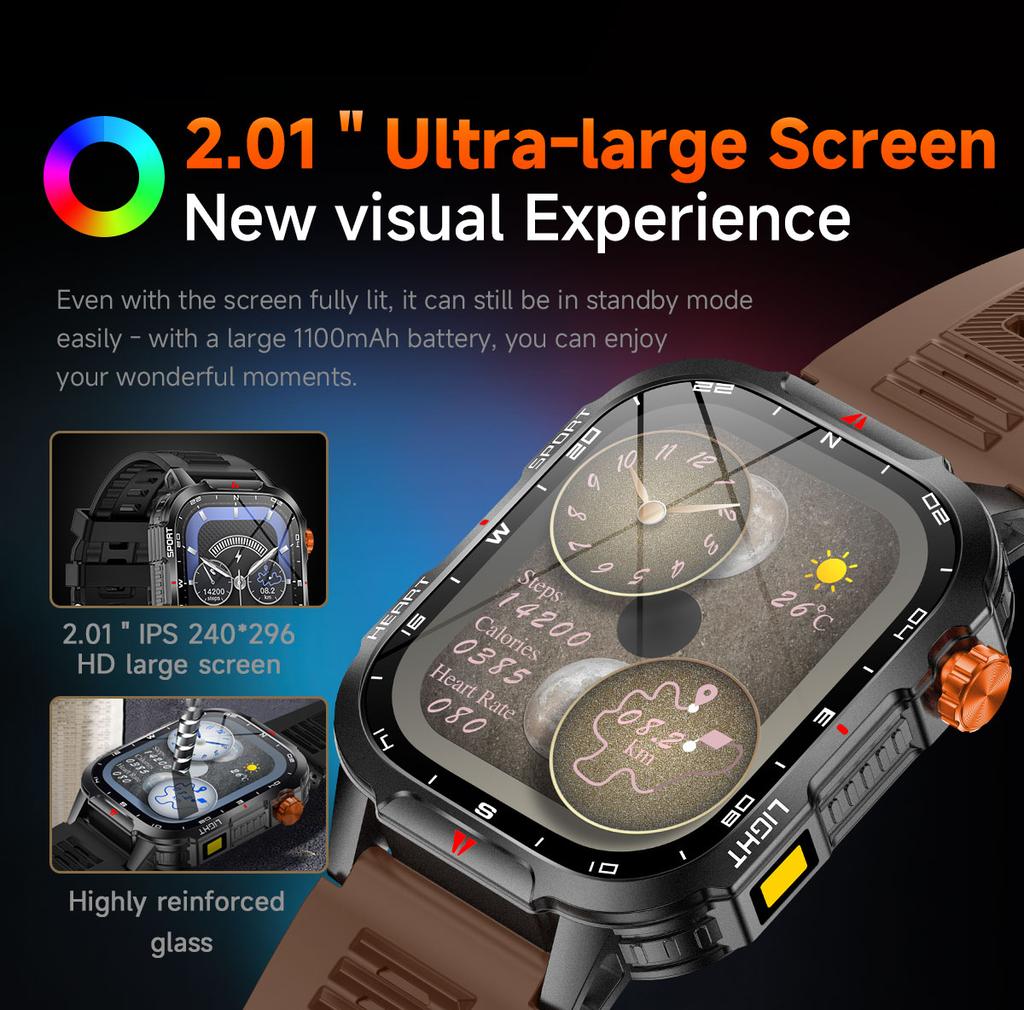 2025 New Men's Smart Watch Bluetooth Call 1100mAh Large Battery 60 days standby time 2.01 inch Screen IP68 Waterproof Motion Tracker