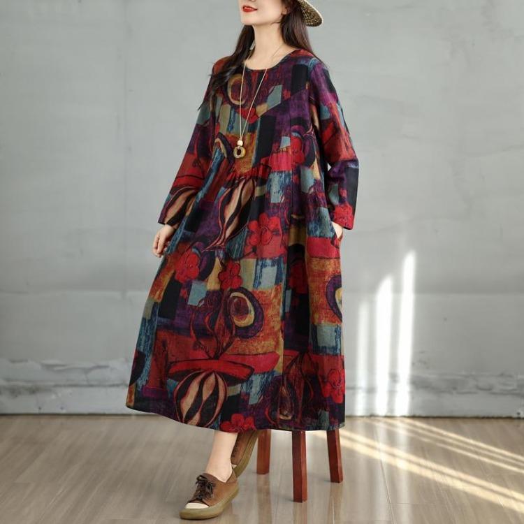 Spring Vintage Floral Print Plus Size Women Long Dress Oversize Loose Basic Casual Long Sleeve Maxi
