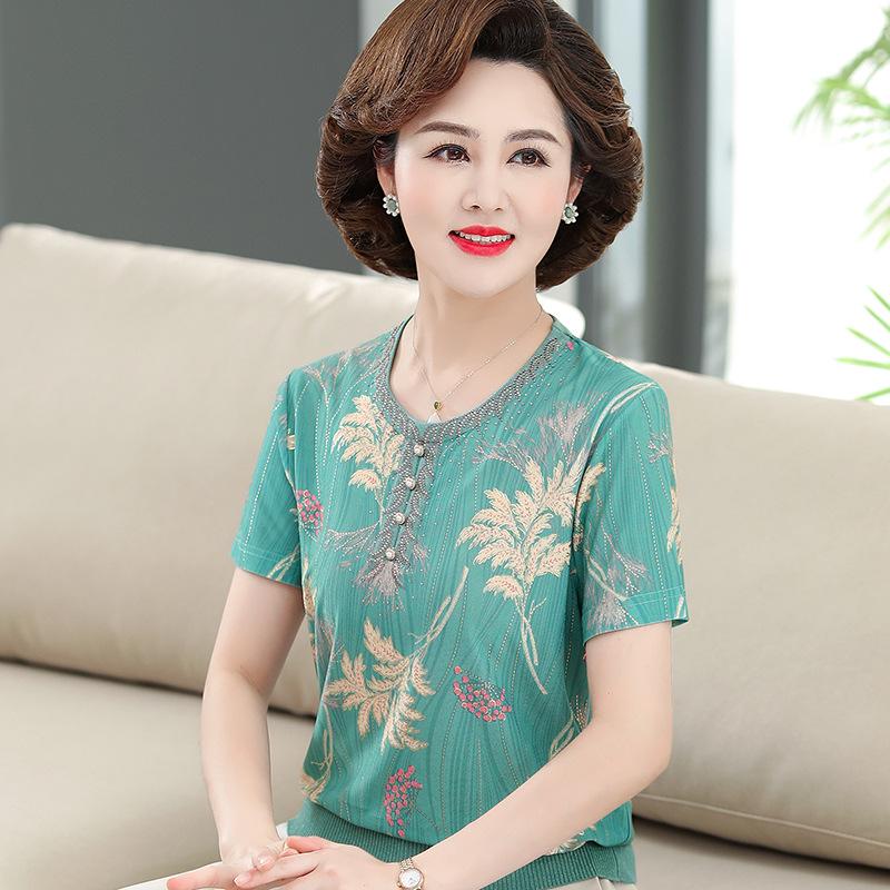 

Mother s Ice Silk Short-Sleeve T-Shirt for Women 40-50 | Plus-Size Summer Top for Middle-Aged and Elderly 3XL (120-135 lbs) зелений/синій