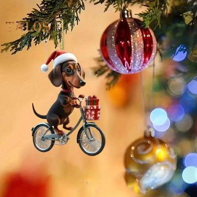 Vánoční přívěsek jezevčíka Akrylová ozdoba pro psa na vánoční stromeček Roztomilý motorkář Design jezevčíka Slavnostní dekorace do bytu Dárek pro milovníky psů