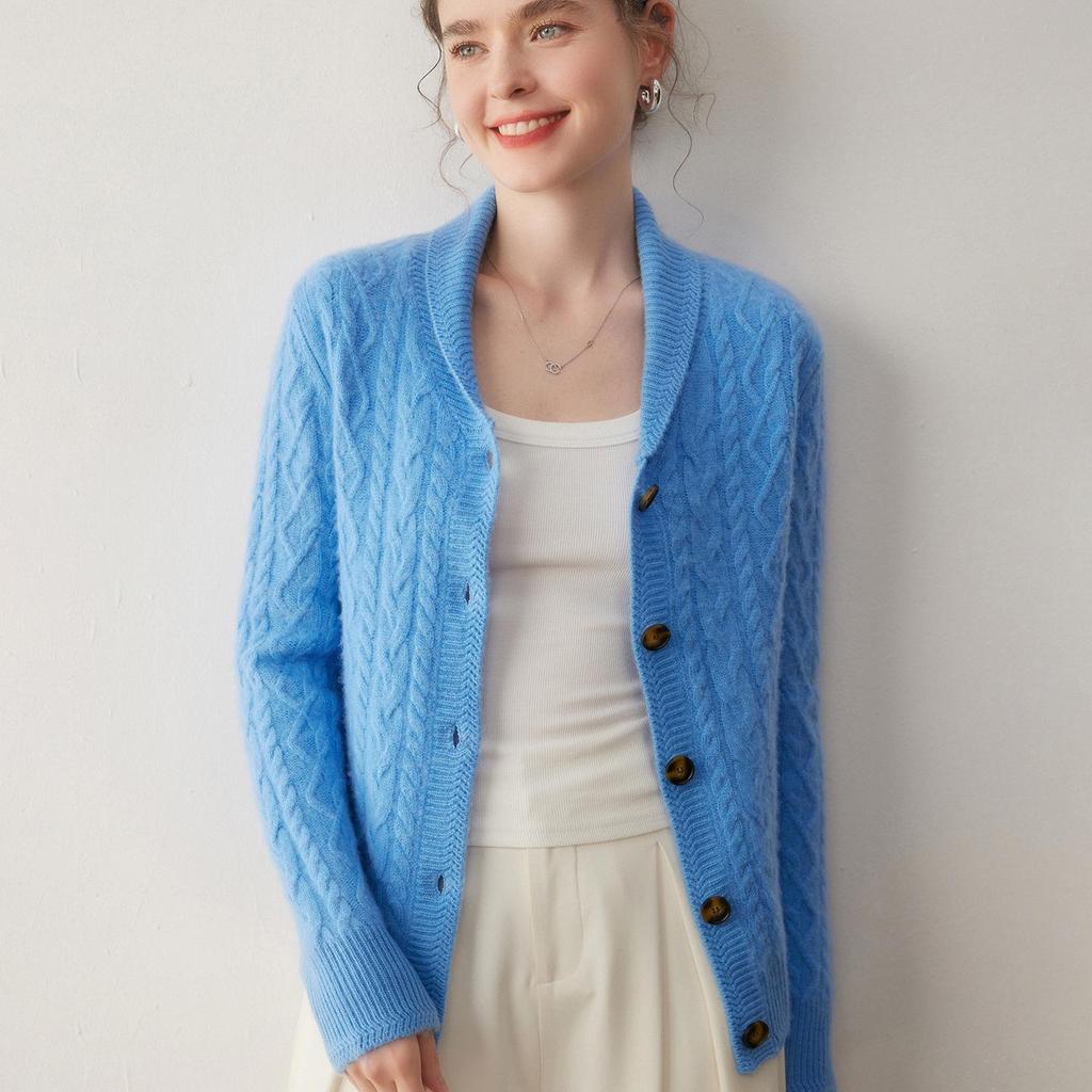 2025 Women's Cashmere Cable Knit Mandarin Collar Cardigan - Autumn/Winter, Long Sleeve, Seven-Needle & Thickened for Warmth
