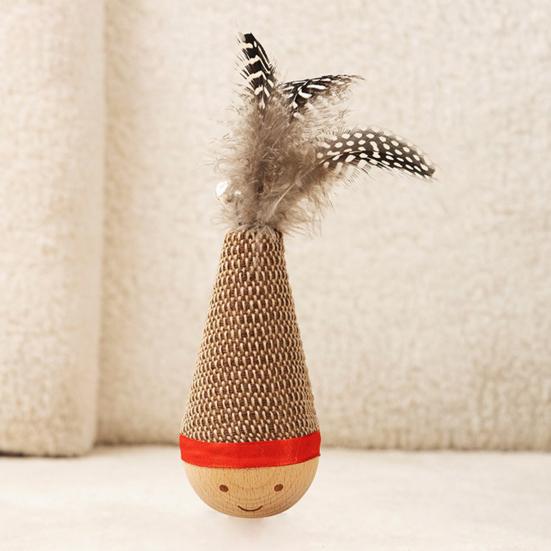 Wooden Cat Toys with Feathers Sisal Cat Scratcher for Indoor Cats Solid Wood Base Tumbler Toy Interactive Cat Toy Relieves Boredom and Sharpens Claws