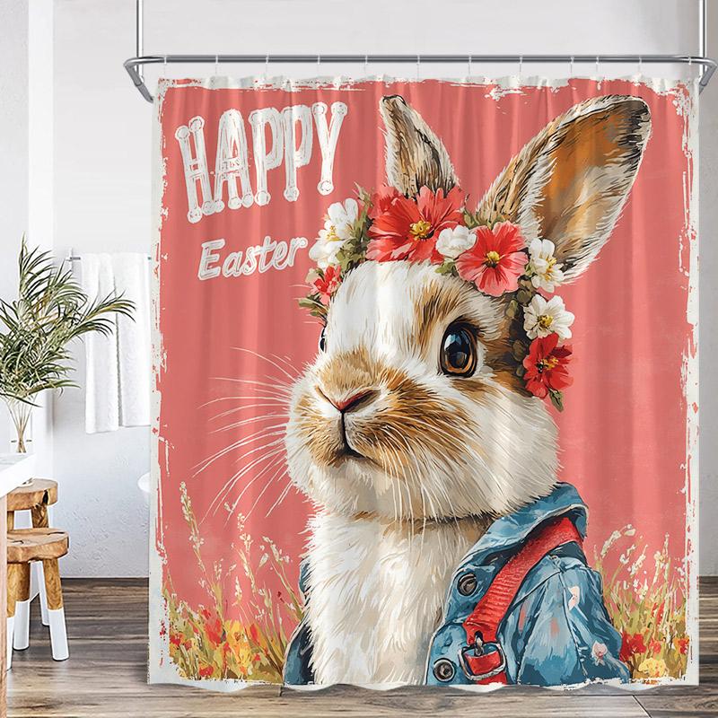 Shower Curtain, Easter Bunny Egg Waterproof Polyester Bathroom Curtain With Hooks, Spring Rabbit Dog Holiday Decor Bath Curtain