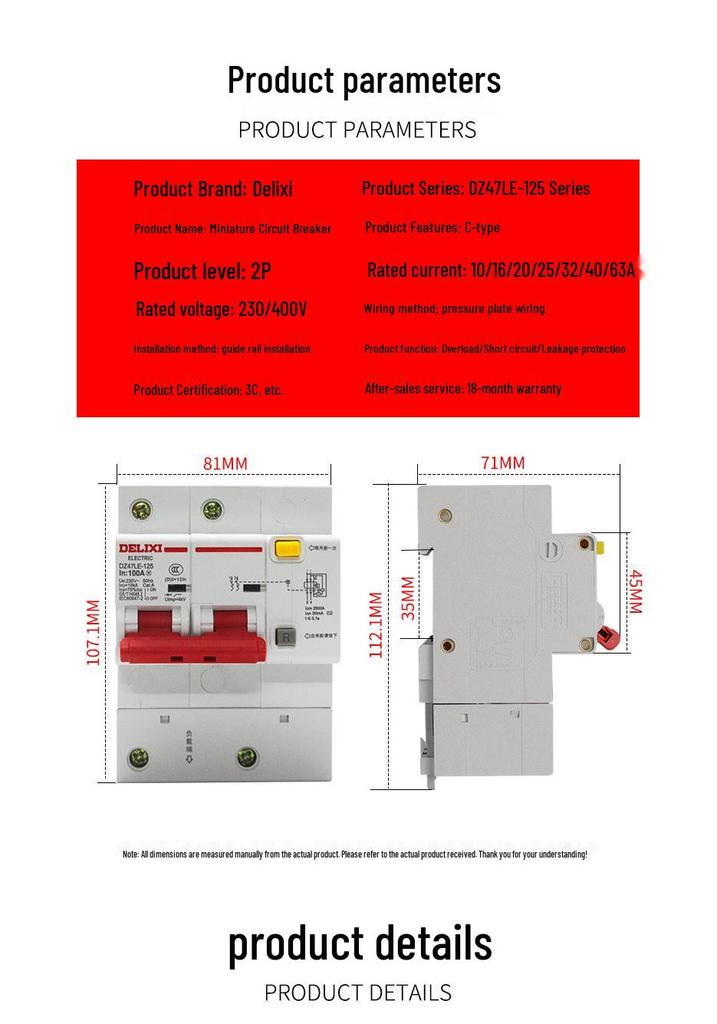 Delixi DZ47LE-125 2P Circuit Breaker with Leakage Protection for High Power Household Use
