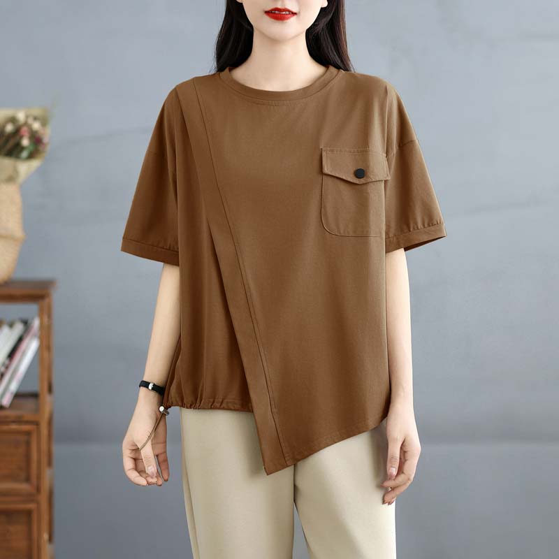 Dimanaf 2025 Nou Tricou de Vară pentru Femei Mărimi Mari Gât O Mânecă Scurtă Larg Topuri de Bază Casual Tricou Asimetric