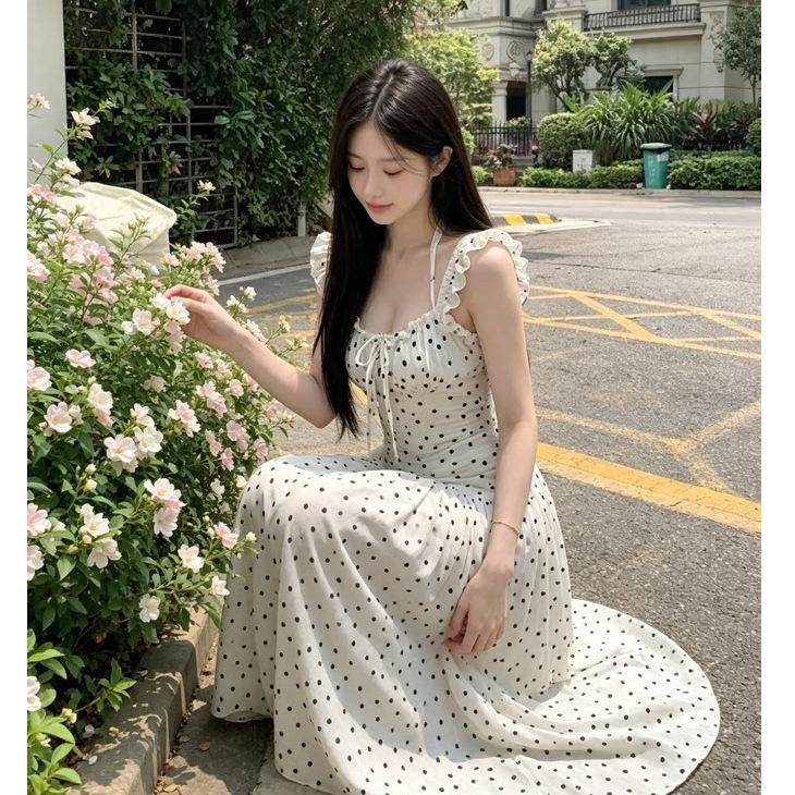 French Temperament Retro Polka Dot Fairy Long Dress Summer New Skirt Seaside Vacation Style Neck Slim Fit
