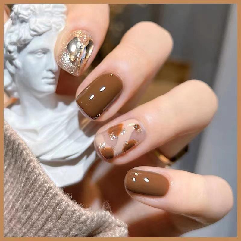 Autumn/Winter Brown Glitter Leopard Short False Nails
