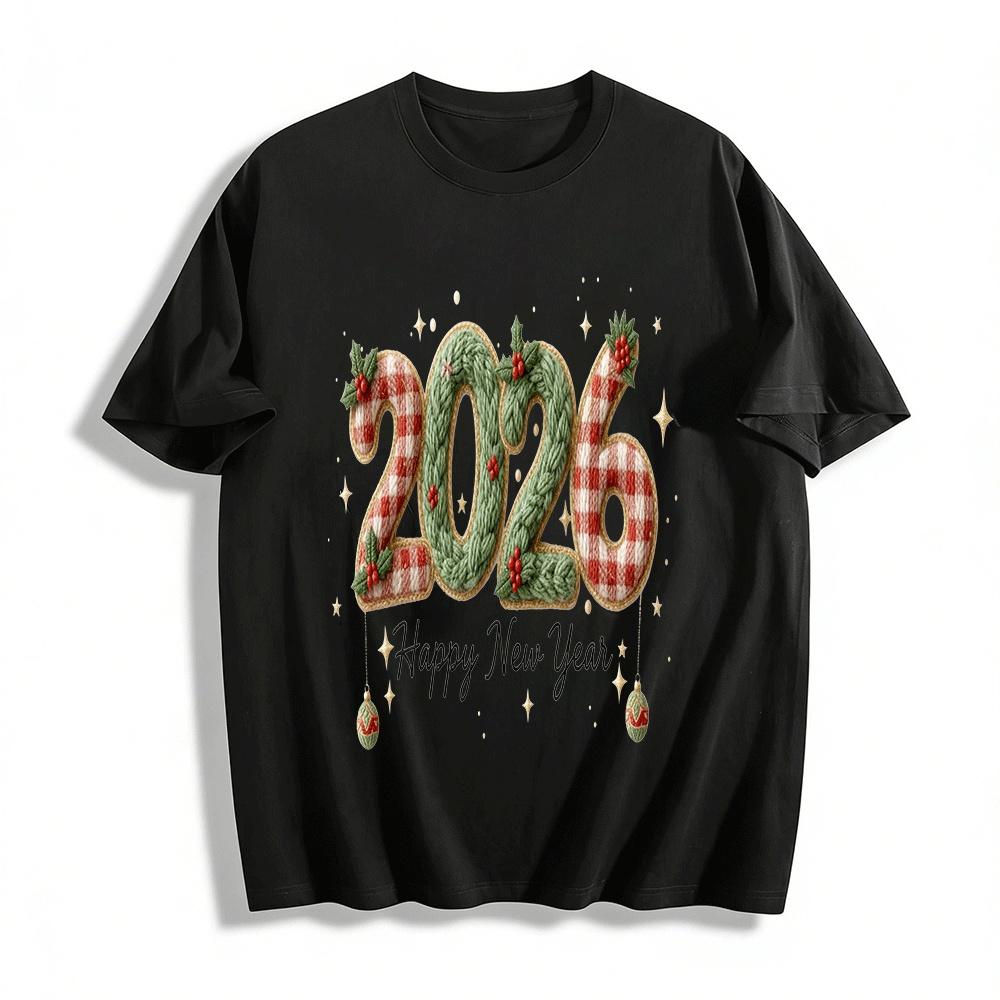 2026 Happy New Year Knit Style Plaid Print Casual Top Pure cotton T-shirt XXS