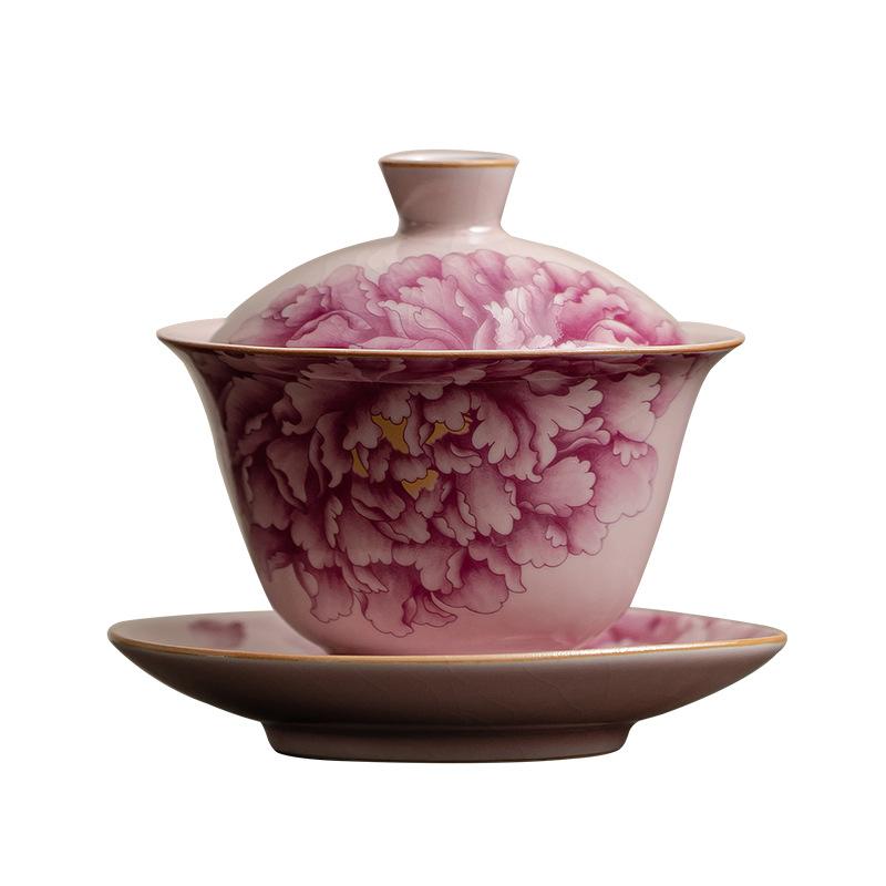 Pink Ru Kiln Peony Sancai Gaiwan Kung Fu Tea Set Tea Bowl Household Ceramic Chinese Tea Bowl