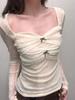 Pure Desire Women's Slim-fit Bow Square Neck Long-sleeved T-shirt for Early Spring