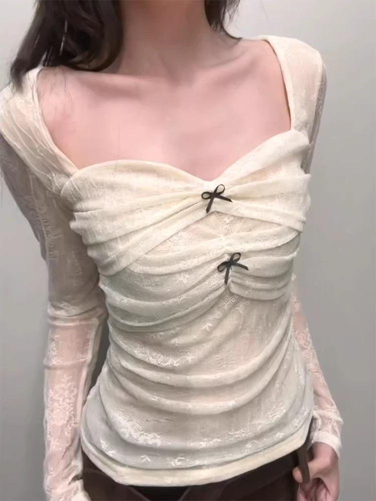 Pure Desire Women's Slim-fit Bow Square Neck Long-sleeved T-shirt for Early Spring