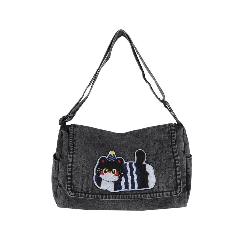 Джинсовая сумка-тоут с вышивкой котенка, женская, большая вместимость, на плечо, кроссбоди