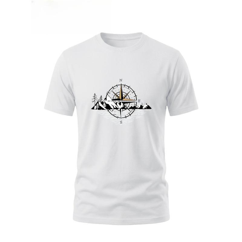 European Size 100% Men'S Short-Sleeve T-Shirt for Summer Camping, Featuring a Compass And Mountain Water Print, Perfect for Outdoor Adventures