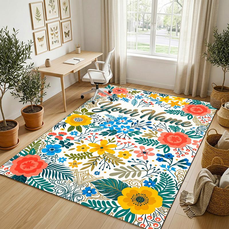 Floral Artwork Theme Soft Crystal Velvet Rug Custom Name & Text Print Non Slip Floor Rug for Bedroom Living Room