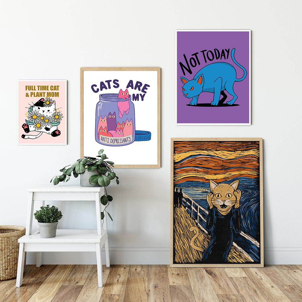 Grim Tattoo Cat on Red Sun Canvas Painting Funny Cute Cat Samurai Poster Print Kids Bed Home Room Wall Art Decoration Pictures