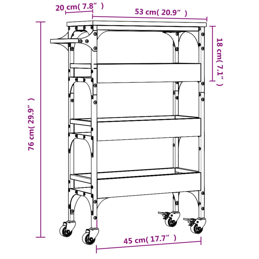 Kitchen Trolley in Grey Sonoma 53 x 20 x 76 cm Engineered Wood