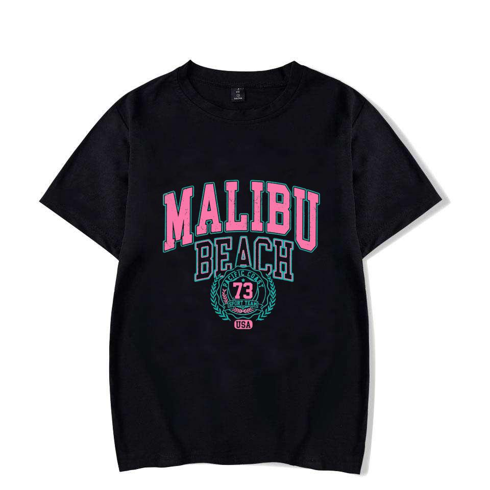 2025 Model Malibu Beach Washed T-Shirt Women's Letter Print T-Shirt Comfy Round Neck Tops Casua