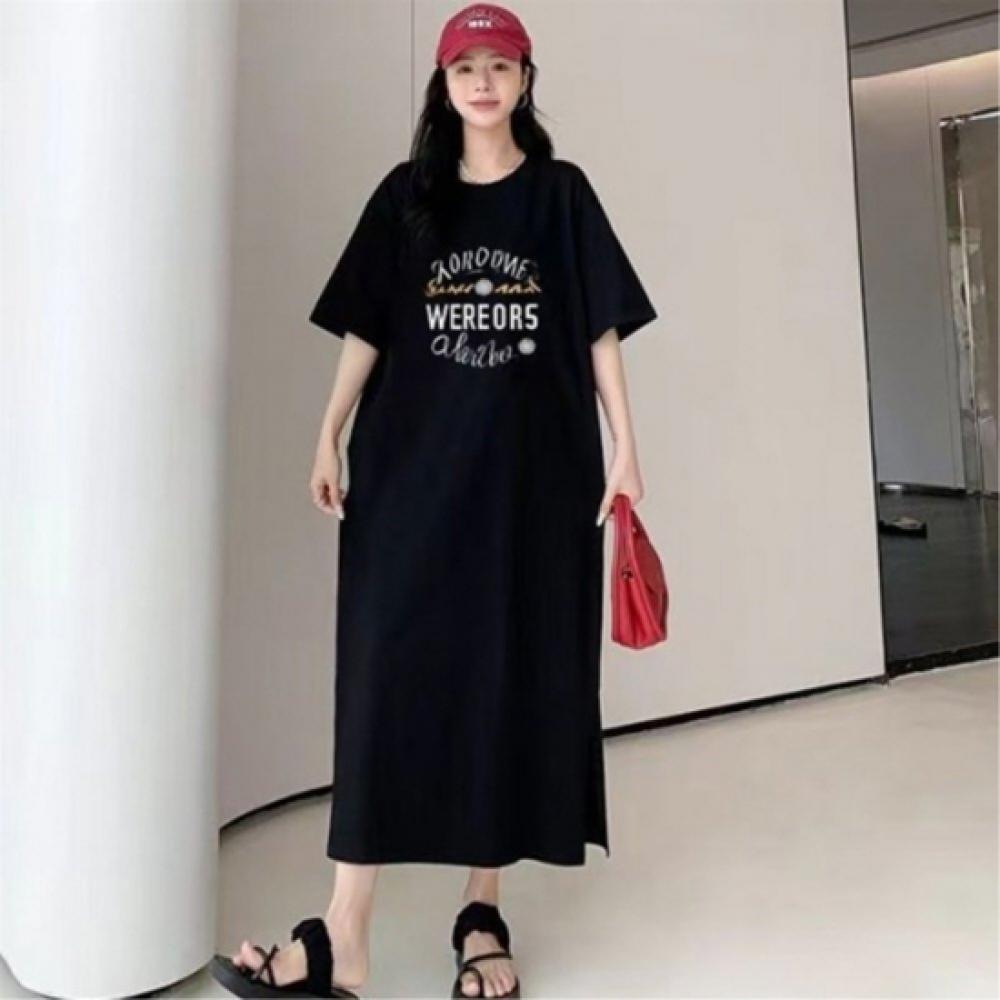 New Arrivals Open Run Women Oversized Lettering Side Slit Short Sleeve Longdress