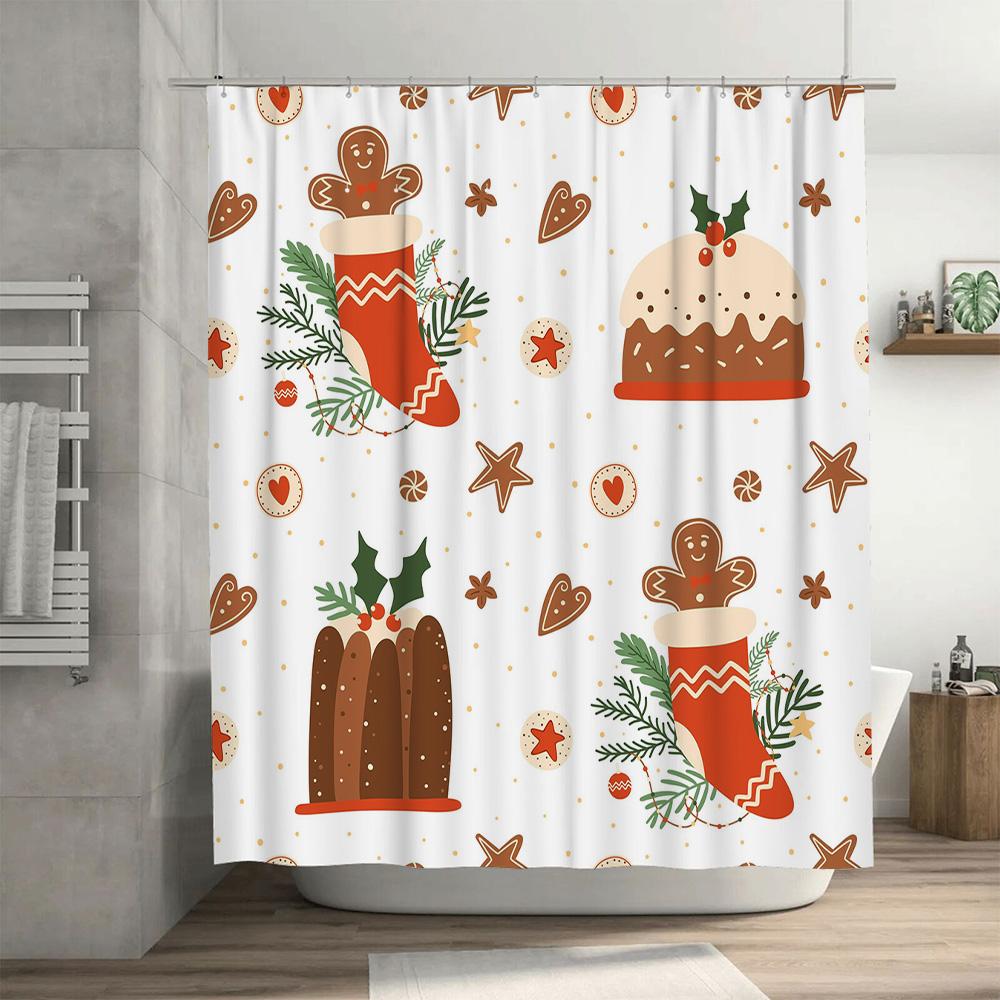 Christmas-Themed Shower Curtain With Festive Designs Featuring Gingerbread Men, Christmas Stockings, And Holiday Treats Perfect