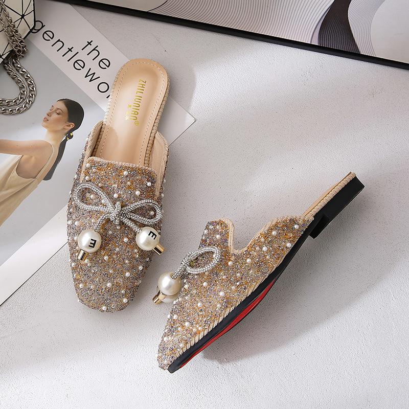 Duży rozmiar damskie buty cyrkonie kokarda baotou pół-klapki perłowe buty damskie letnie do noszenia na zewnątrz modne sandały do noszenia na zewnątrz wróżkowe
