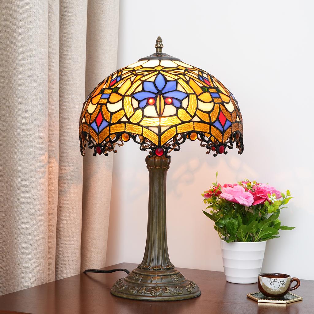 Yellow Peacock Tail Style Stained Glass Table Lamp Vintage Handmade Reading Lamp for Living Room Home Office Decor Light