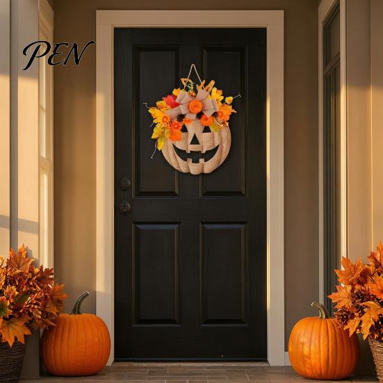 Harvest Season Home Interior Decor Wooden Pumpkin Halloween Door Sign with LED Lights, Artificial Floral Hanging Thanksgiving Party Welcome