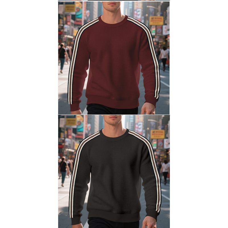 Loose Thin Seven Stripes Mens Waffle Crew Neck Casual Sports Breathable Sweatshirt