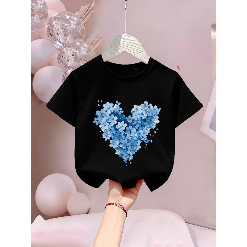 European Sizes Blue Heart Flower Letters/Cartoon Print, Clothing Short-Sleeved T-Shirt, Boys' Small, Suitable for Outdoor Activities