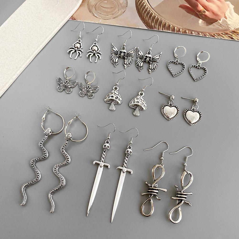 Vintage Heart Butterfly Snake Earrings for Women Goth Darken Punk Skull Retro Silver Color Metal Earring Set Jewelry Accessories
