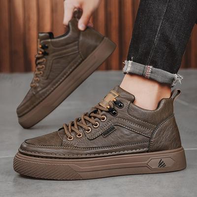 Men's Casual Leather Shoes 2026 Autumn New Non Slip High Top Vintage Workwear Boots Lace Up Height Increase Comfort Board Shoes