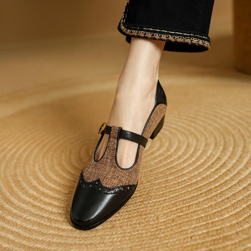 Fashion 2025 New Women Dress Shoes Thick Heels T-Strap Shoes Genuine Leather Shallow Square Toe Pumps Ankle Strap Ladies Shoes Office