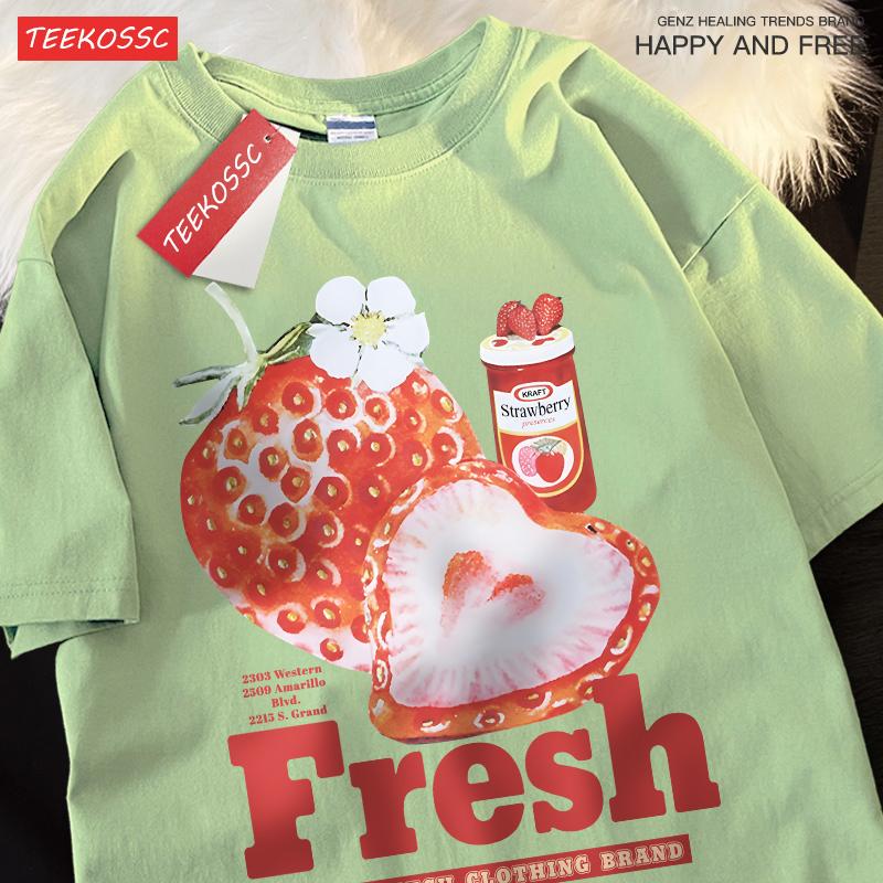 

Fresh Strawberry American Retro Creative Printed Short Sleeved T-shirt Men Women Trendy Brand Loose Versatile Half Sleeved Shirt 4XL