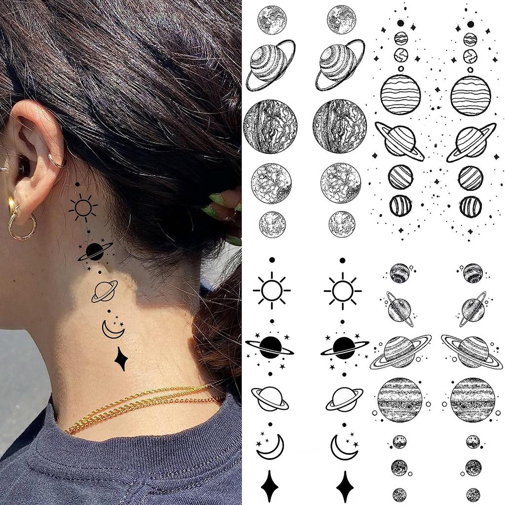 15 foi Tatuaje temporare cu lanț de planete spațiale false pentru femei bărbați braț luna neagră tatuaj stea soarelui univers mic tatuaje decal