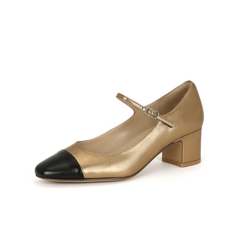 

[] Heel height cm~ color matching lambskin thick heel Mary Jane single shoes women s commuting ol 40