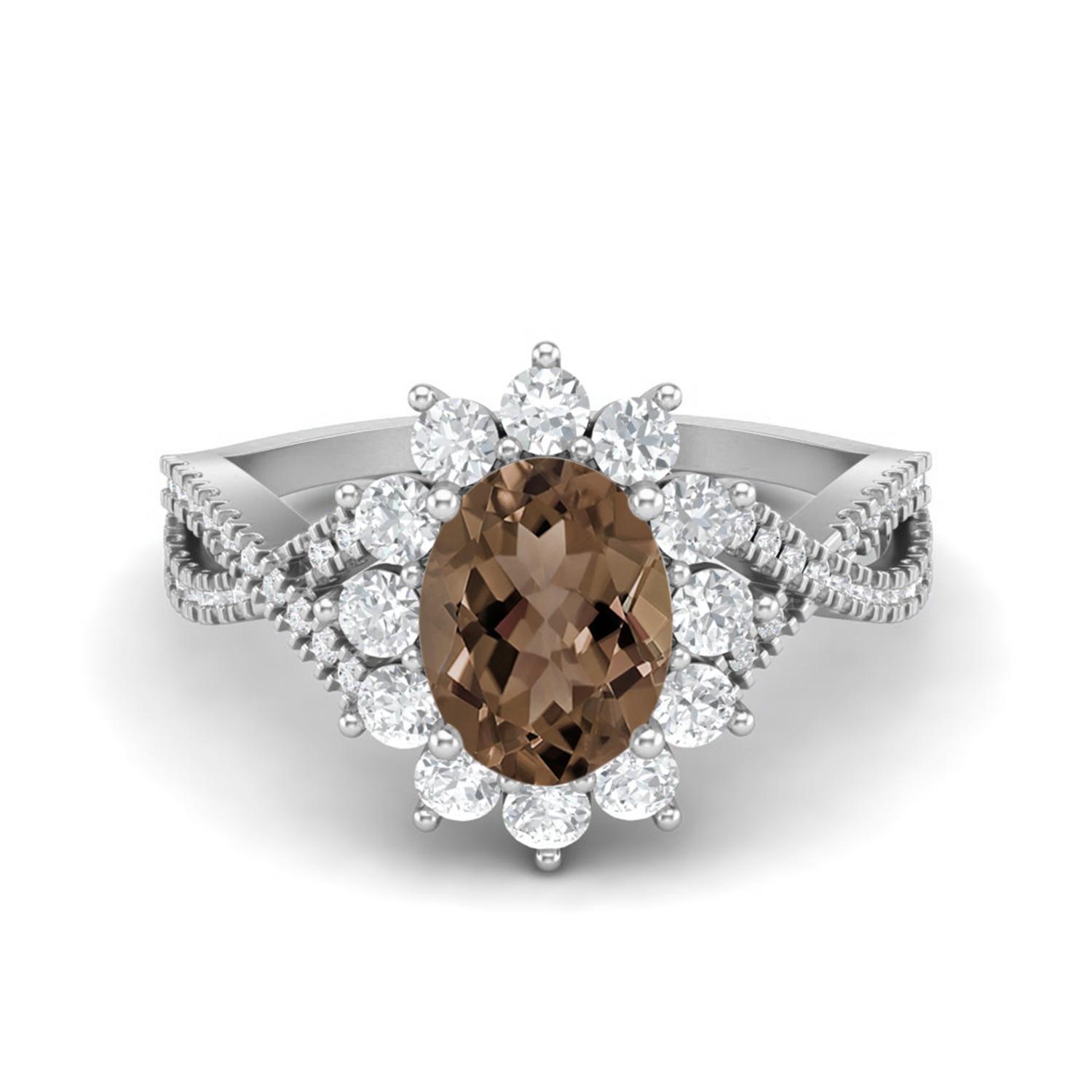 Princess Diana 8X6mm Oval Smoky Quartz 925 Sterling Silver Solitaire Women Wedding Ring 11