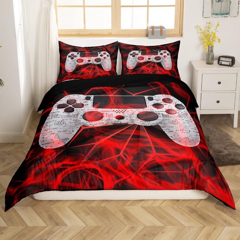 Gaming Duvet Cover Set King Red Honeycomb Printed Bedding Set Polyester Game Red And Black Novelty Gamepad Joysticks Quilt Cover