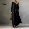 Polyester Dress Women Summer Maxi for Women, Casual Loose One Shoulder Long Sleeve Dress, Flowy Beach Vacation Sundress wwith Pockets Elegant