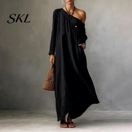 Polyester Dress Women Summer Maxi for Women, Casual Loose One Shoulder Long Sleeve Dress, Flowy Beach Vacation Sundress wwith Pockets Elegant