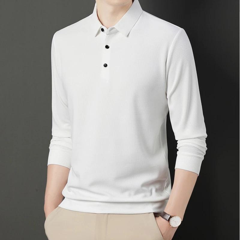 Spring Autumn Waffle Men's Long-sleeved Polo Shirt Business Casual Slim Top Classic Solid Color Male Brand Tees