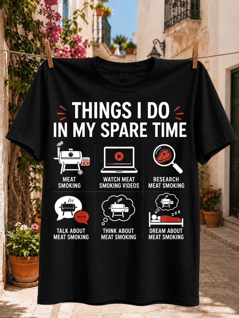 Funny Graphic With Things I Do In My Spare Time Meat Smoking Icons In Red Front Print Tee Unisex Unisex All Tshirt