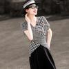 Lanser Women's French Retro Houndstooth Asymmetric V-neck Tie Shirt