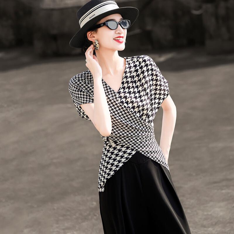 Lanser Women's French Retro Houndstooth Asymmetric V-neck Tie Shirt