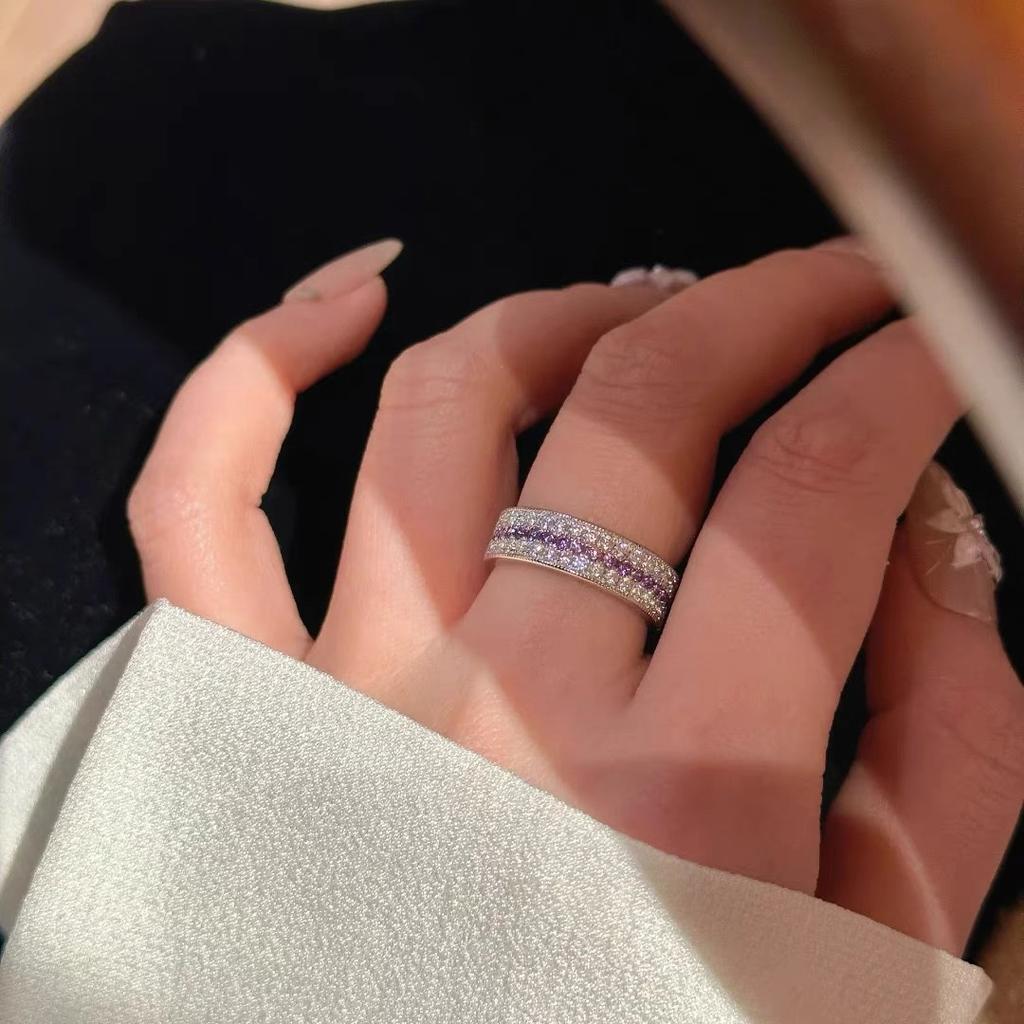 Absolute Purple~ Dream Purple Row Diamond Ring Women's Inlaid Zircon Fashion Light Luxury Big Brand Niche Design High Sense Ring 2026