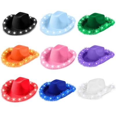 Western Cowboy Hat for Theme Party LED Top Hat Costume  Hat Nightclub Furry Trim Headwear Carnivals Party Headwear