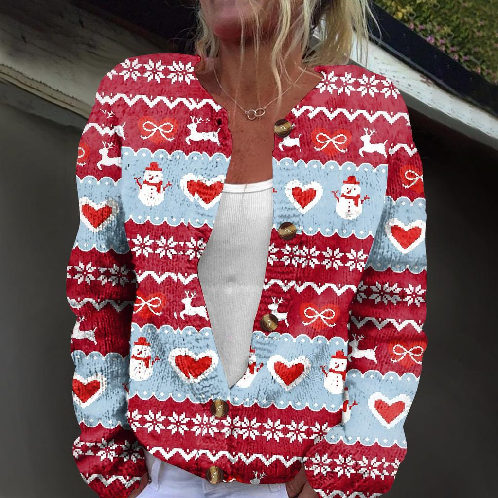 Women's Fashion Christmas Print Long Sleeve Knitted Cardigan Button Jacket