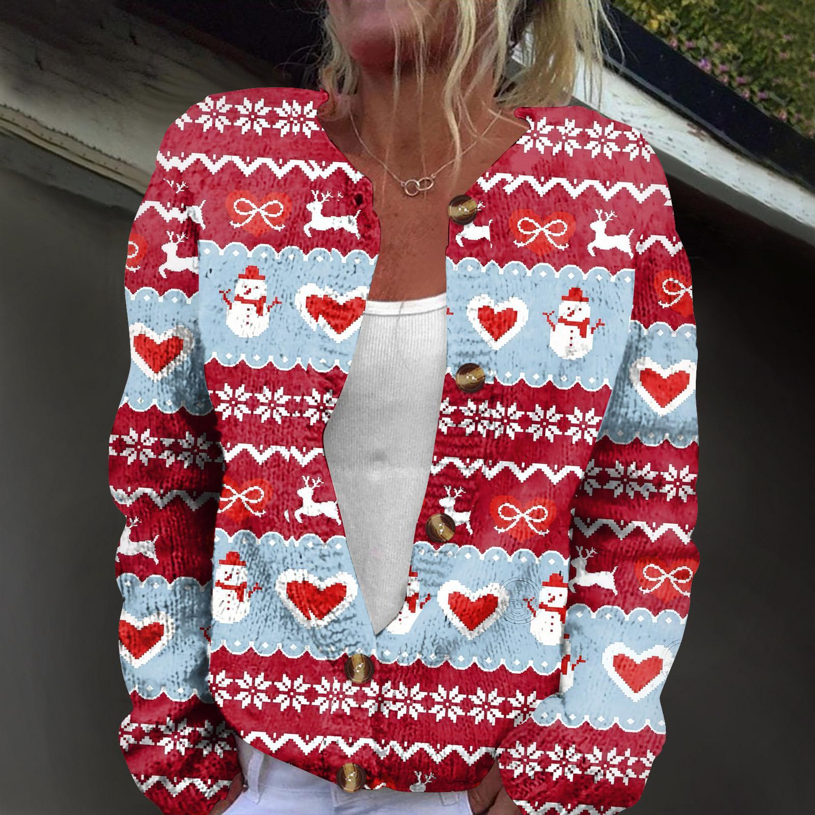 

Женский модный вязаный кардиган на пуговицах с рождественским принтом и длинным рукавом L