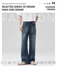 LKTM Unisex American Retro Dark Blue Micro-Flare Jeans, Whiskered Washed Long Pants
