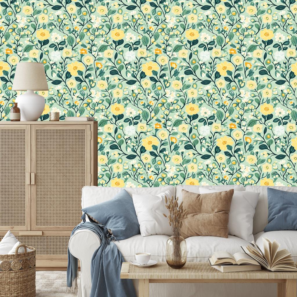 Cottagecore Flowers Wallpaper Green and Mint for Living Room and Bedroom 50x1000