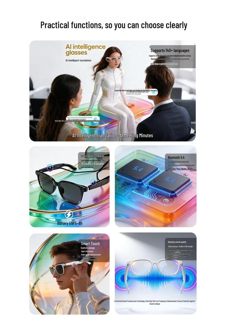 F66 AI Bluetooth Glasses: Real-time Translation In 100+ Languages, Music & Calls Smart Glasses