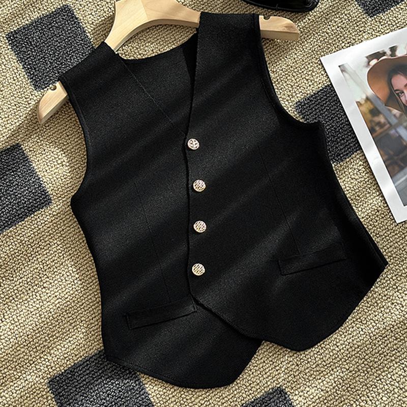 French Retro V-Neck Single-Breasted Irregular Sleeveless Slim Knitted Vest For Women